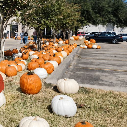 Orange and white pumpkins displayed along a Houston business property